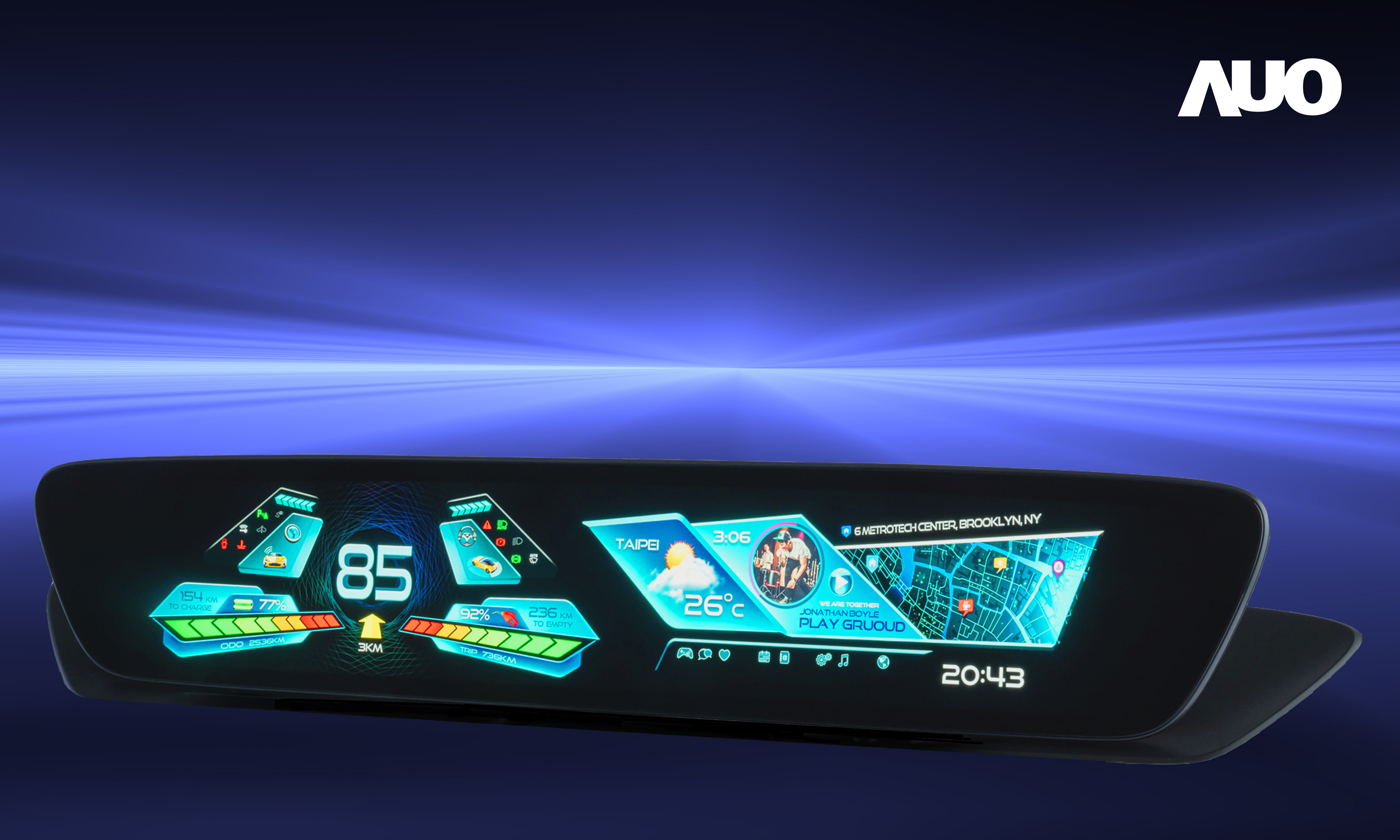 友達(dá)30.4吋異形曲面AmLED車載顯示系統(tǒng)，為一兼具儀表板及中控臺人機介面的創(chuàng)新車載顯示系統(tǒng)，結(jié)合美學(xué)設(shè)計，提升車內(nèi)科技沉浸感及使用體驗，讓車載顯示的未來應(yīng)用更加多元化