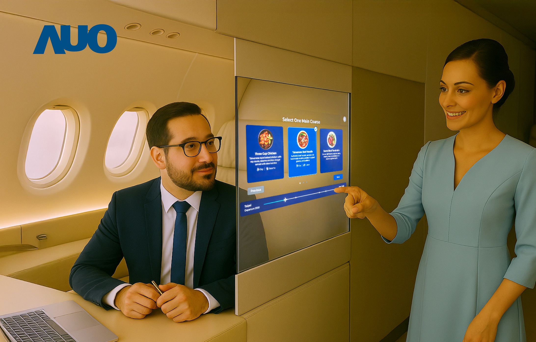 友達(dá)研發(fā)全球最薄17.3 吋雙面透明 Micro LED 顯示器，可在同一螢?zāi)恢p邊投射不同資訊，創(chuàng)造獨(dú)特的「透明化」互動(dòng)；圖為即時(shí)翻譯交流應(yīng)用情境