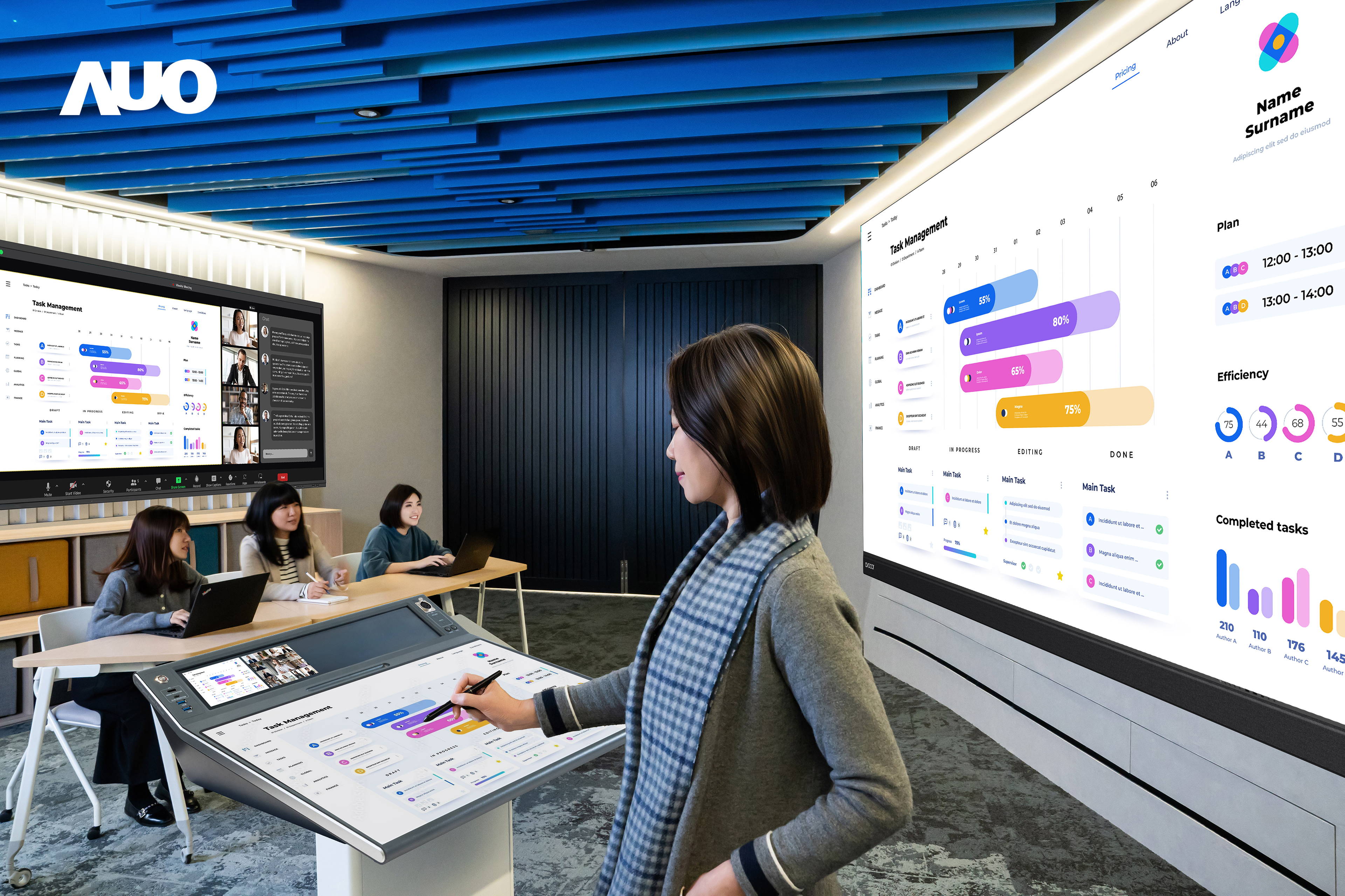 達(dá)擎攜手Avocor與Rise Vision展示全方位商務(wù)領(lǐng)域應(yīng)用，包含採用模組化設(shè)計(jì)的138吋一體式All-in-One LED顯示器及具21:9超寬比例的92吋互動(dòng)式電子白板（IFPD），講者可輕鬆分享內(nèi)容，有效提升會(huì)議協(xié)作效率。